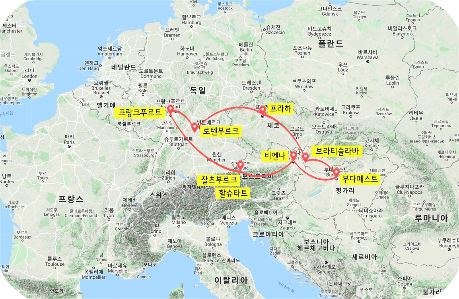 포인트 동유럽 5개국 6일 전체 이동 경로 지도